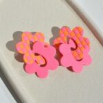 Boucles d'oreilles Daisy damier orange et rose