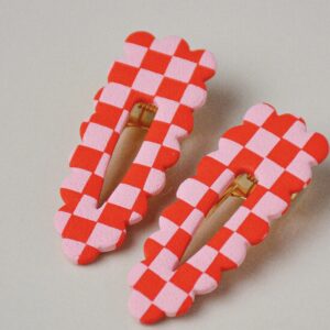 Barrette damier - rouge et rose